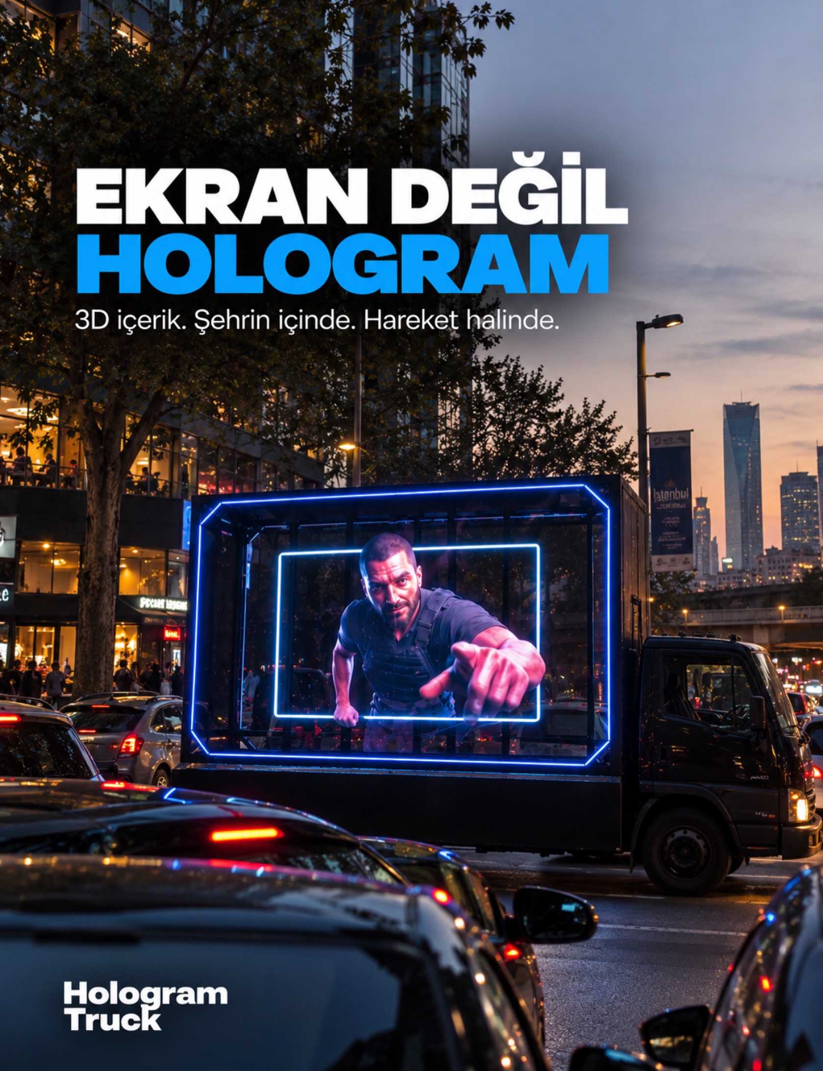 Şehir trafiğinde kamyonun dışına uzanıyormuş gibi görünen holografik karakter; temsili konsept