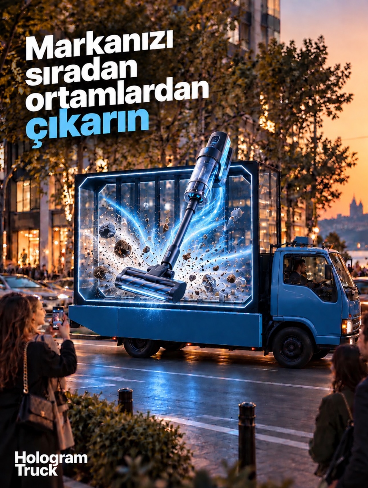 Ürün lansmanı için 3D süpürge gösterimi; Instagram’daki temsili Hologram Truck konsepti